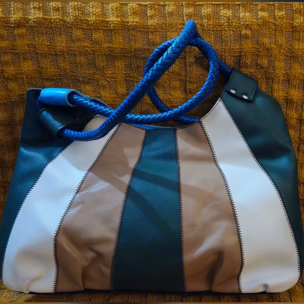 Solongon Blue, Green, Tan, & Cream Striped Women's Shoulder Bag - Picture 4 of 13